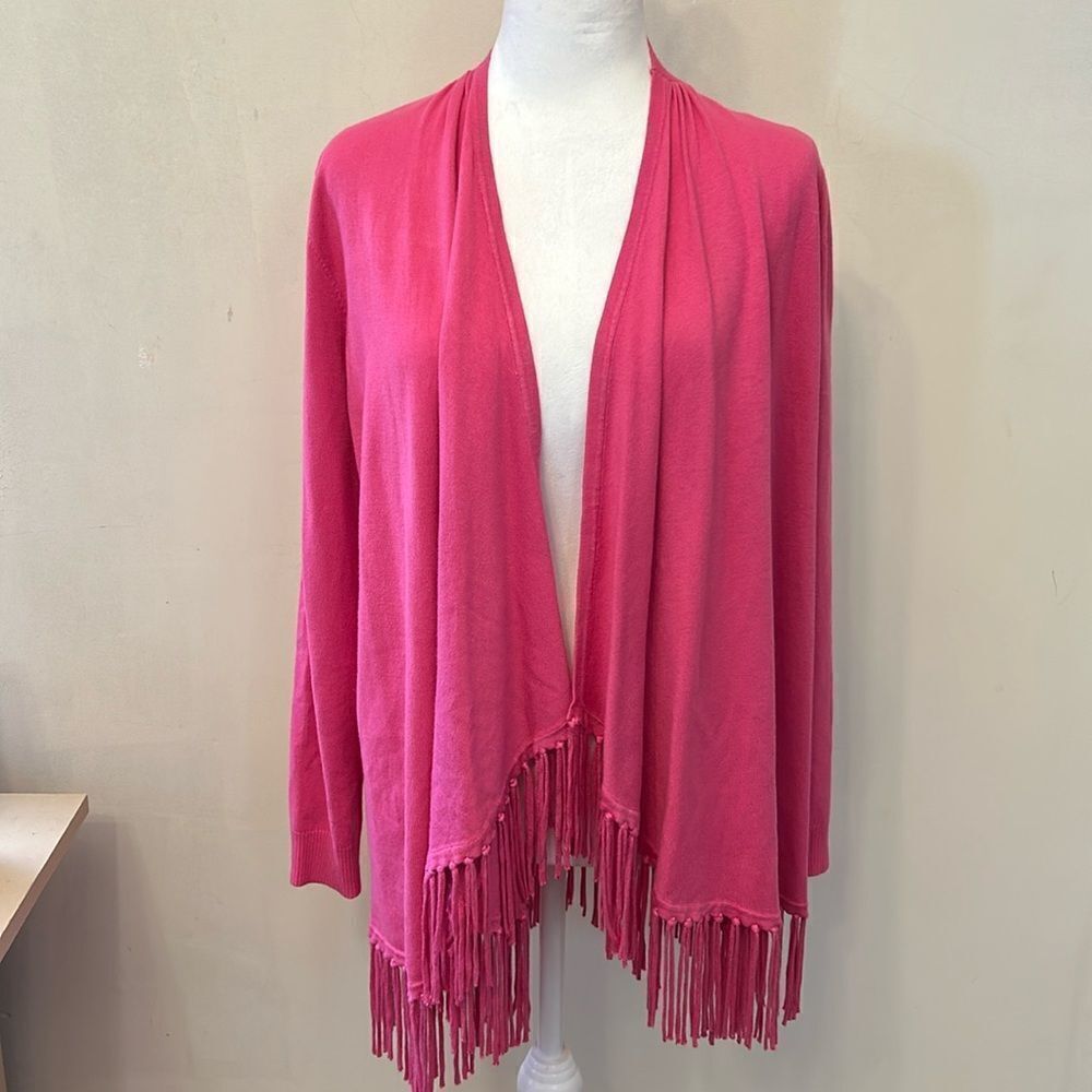 Chelsea & Theodore hot pink open draped cardigan with fringe Size M EUC